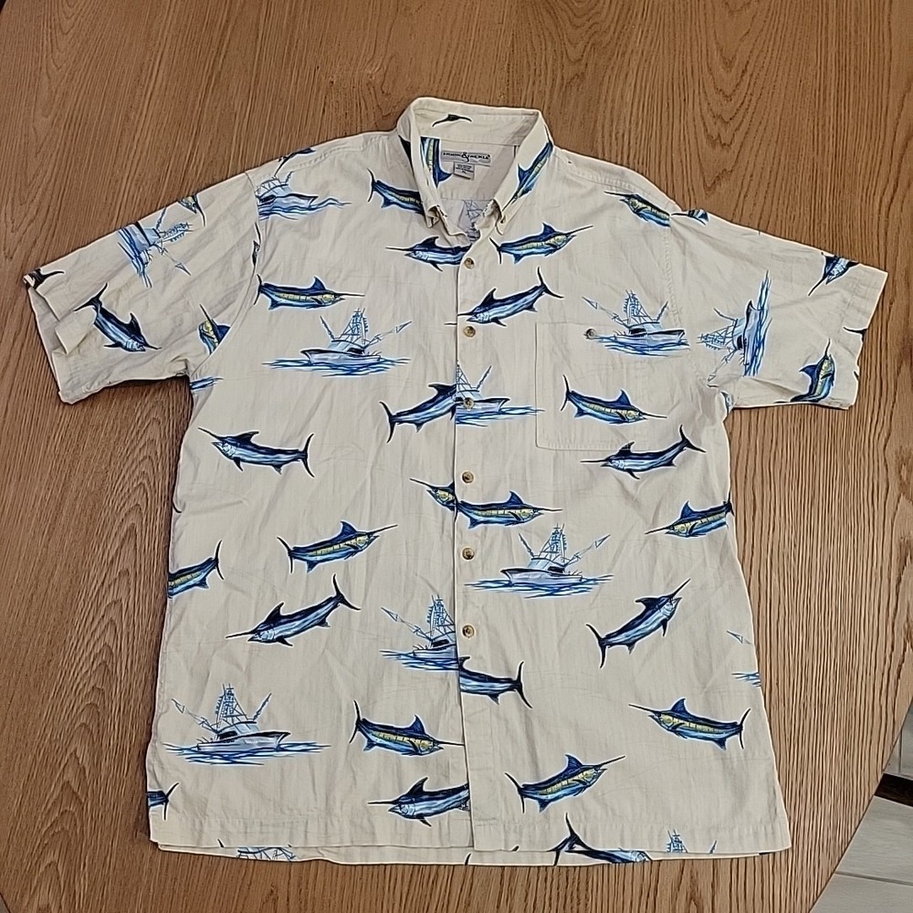 Hook & Tackle Shirt Men's XL Hawaiian Fish Marlin Beige Short Sleeve Cotton